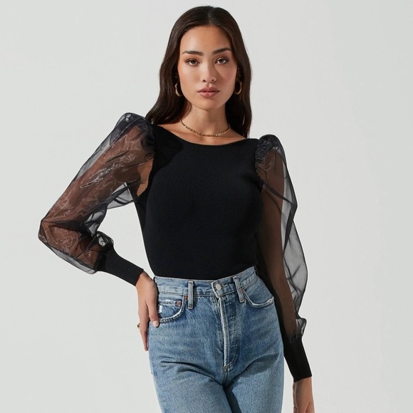 Astr Tops - ASTR the Label Organza Sleeve Bodysuit Black Medium